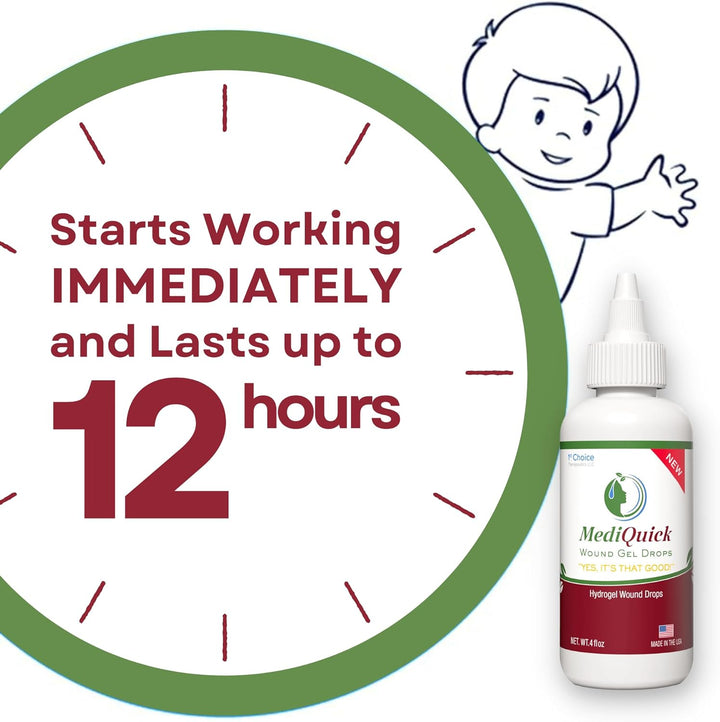 MediQuick Wound Gel Drops (4oz ) First Aid works on contact and lasts for 12 hours. Stays in the wound or where applied. Non-toxic, Sting Free, and helps to speed Healing Cuts, Acne, Burns, Eczema Itch, Rashes & More. Adults Kid & Pets All Natural