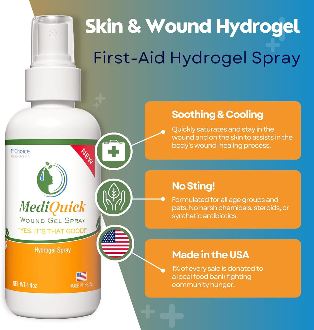 MediQuick Gel (4oz) First Aid Spray: Smooth consistency, covers large areas, cleans and speeds healing. Starts on contact, lasts 12 hours. No Sting. Ideal for Cuts, Burns, Acne, Itchy Eczema, Rashes & more. Safe for Adults, Kids & Pets. All Natural.