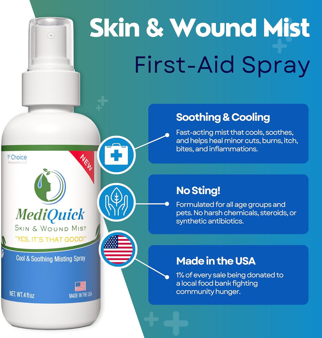 MediQuick Skin & Wound Repair (4oz) aids in healing skin conditions like Acne, Cuts, Burns, Eczema, Rashes & Sunburns. A 12-hour, one-step solution, it cleans skin, removes bacteria. All-natural, sting-free formula suitable for Adults, Kids & Pets.