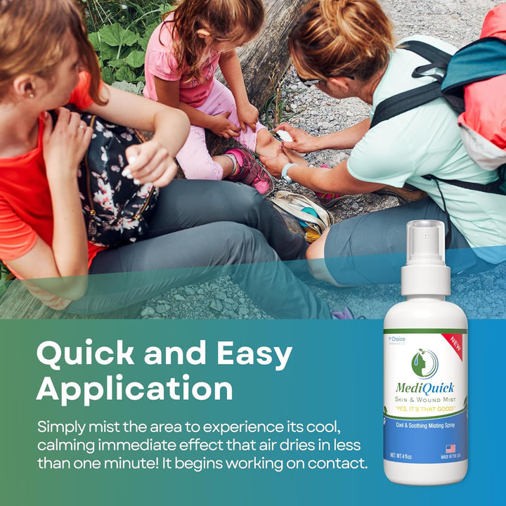 MediQuick Skin & Wound Repair (4oz) aids in healing skin conditions like Acne, Cuts, Burns, Eczema, Rashes & Sunburns. A 12-hour, one-step solution, it cleans skin, removes bacteria. All-natural, sting-free formula suitable for Adults, Kids & Pets.