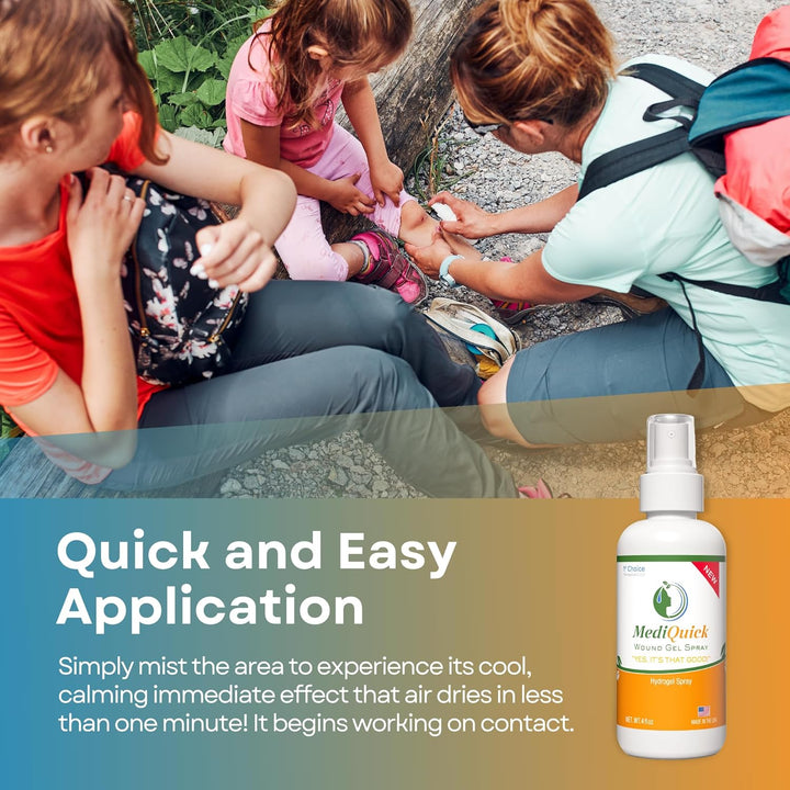 MediQuick Gel (4oz) First Aid Spray: Smooth consistency, covers large areas, cleans and speeds healing. Starts on contact, lasts 12 hours. No Sting. Ideal for Cuts, Burns, Acne, Itchy Eczema, Rashes & more. Safe for Adults, Kids & Pets. All Natural.