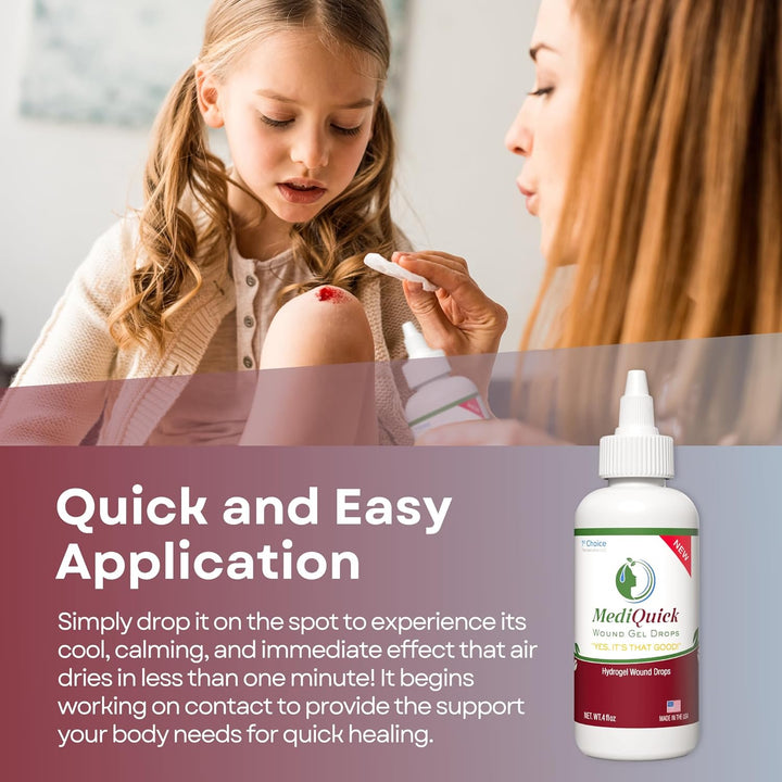 MediQuick Wound Gel Drops (4oz ) First Aid works on contact and lasts for 12 hours. Stays in the wound or where applied. Non-toxic, Sting Free, and helps to speed Healing Cuts, Acne, Burns, Eczema Itch, Rashes & More. Adults Kid & Pets All Natural